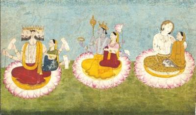 brahma,_vishnu_and_shiva_seated_on_lotuses_with_their_consorts,_ca1770.jpg